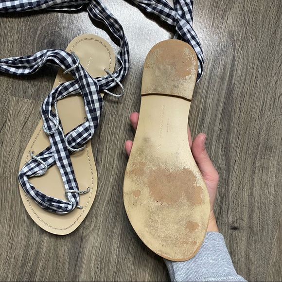 Zara | Gingham Black & White Tie Strap Sandals - Picture 6 of 7
